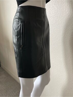 Ellen Tracy Black Genuine Leather Mini Skirt Women’s Size 4 Zip Pockets AS IS